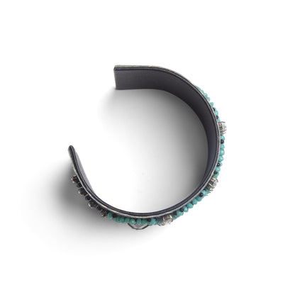 Handcrafted Grey Textured Cuff Bangle with Turquoise Beads & Crystal Accents