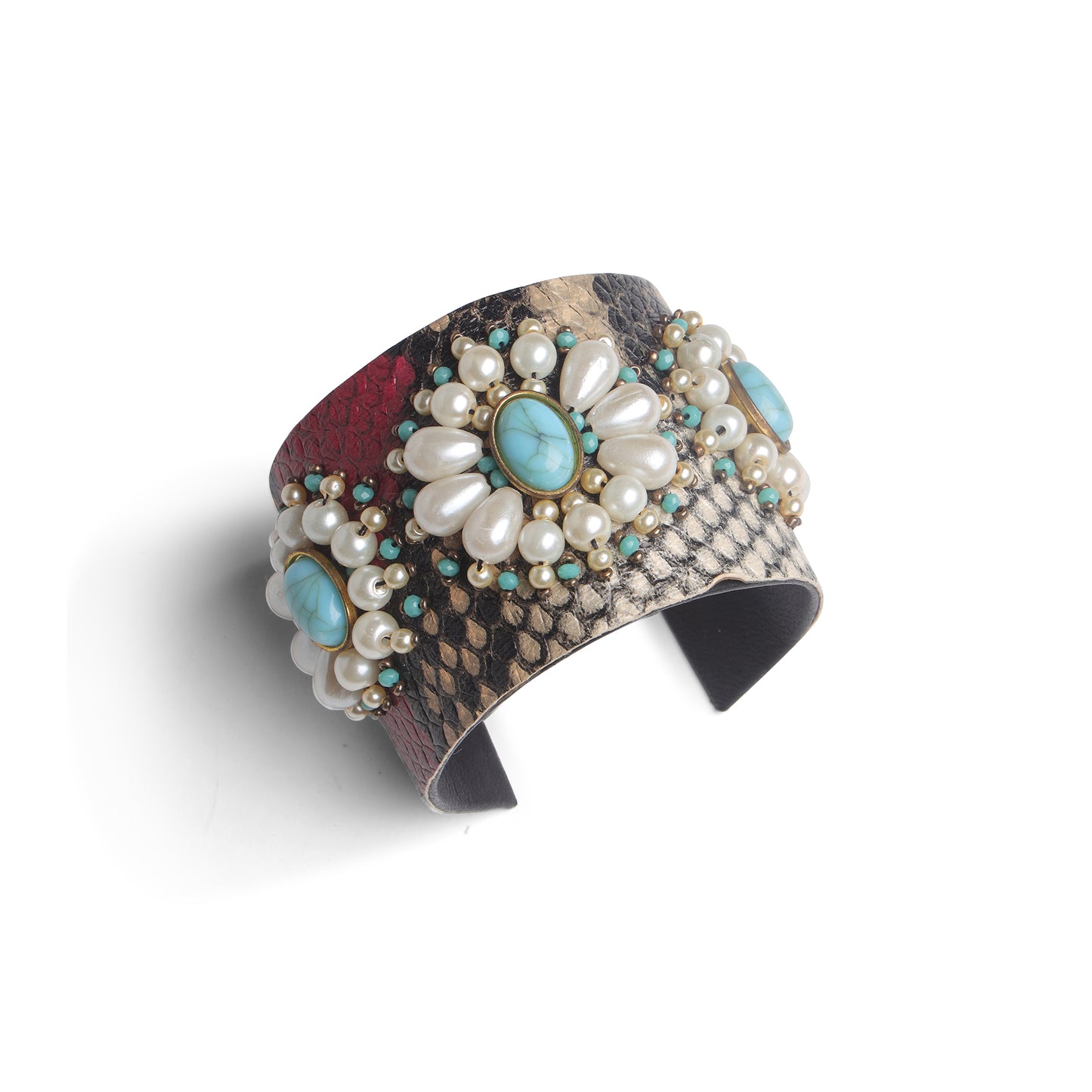 Handcrafted Textured Cuff Bangle with Pearl & Turquoise Floral Motif
