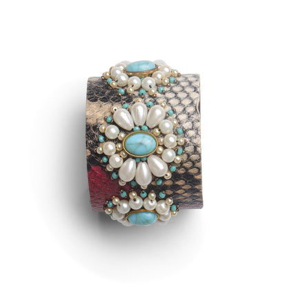 Handcrafted Textured Cuff Bangle with Pearl & Turquoise Floral Motif