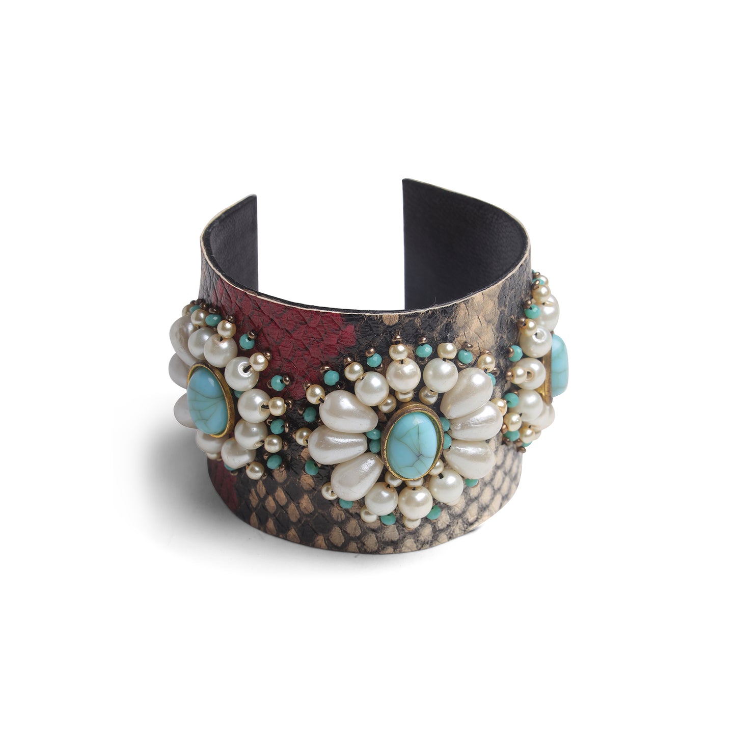 Handcrafted Textured Cuff Bangle with Pearl & Turquoise Floral Motif