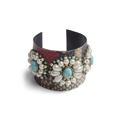 Handcrafted Textured Cuff Bangle with Pearl & Turquoise Floral Motif