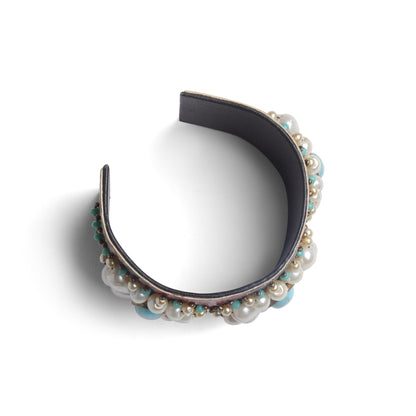 Handcrafted Textured Cuff Bangle with Pearl & Turquoise Floral Motif