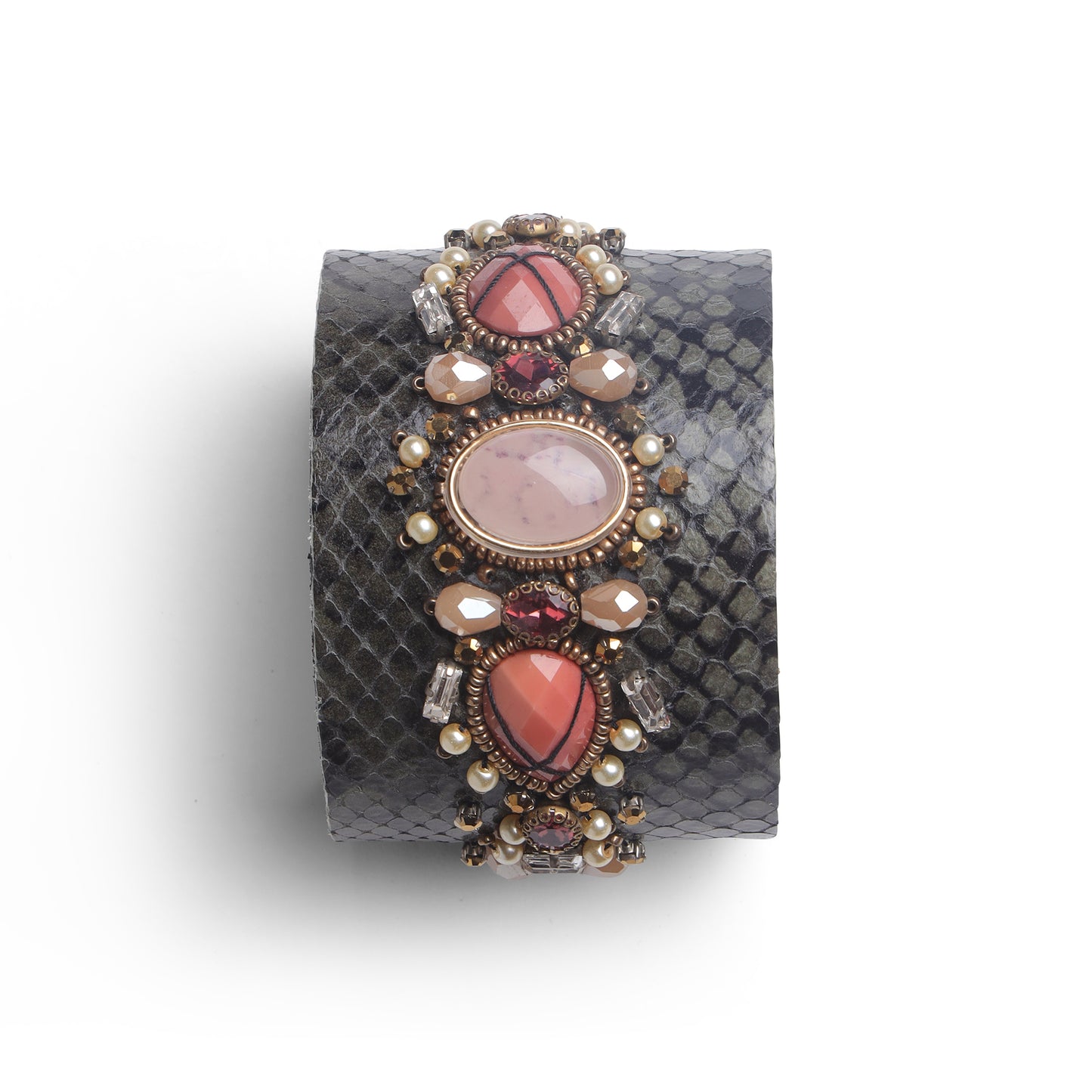 Grey Textured Cuff Bangle with Stone & Pearl Embellishments