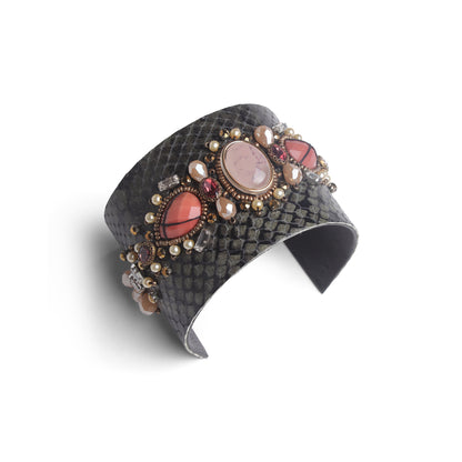 Grey Textured Cuff Bangle with Stone & Pearl Embellishments
