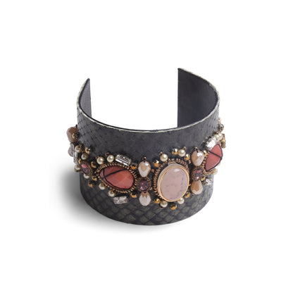 Grey Textured Cuff Bangle with Stone & Pearl Embellishments