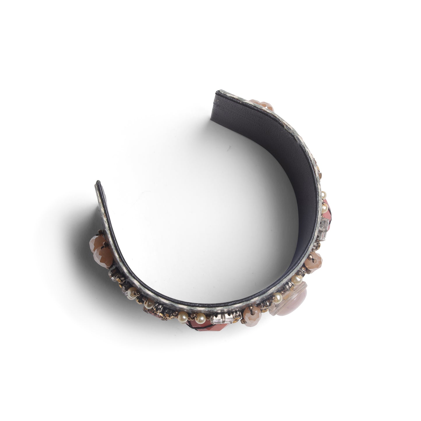 Grey Textured Cuff Bangle with Stone & Pearl Embellishments