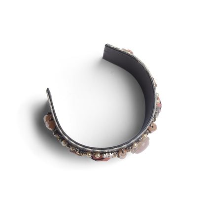Grey Textured Cuff Bangle with Stone & Pearl Embellishments