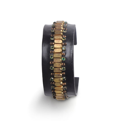 Handcrafted Black Cuff Bangle with Gold Beads & Green Stone Detailing