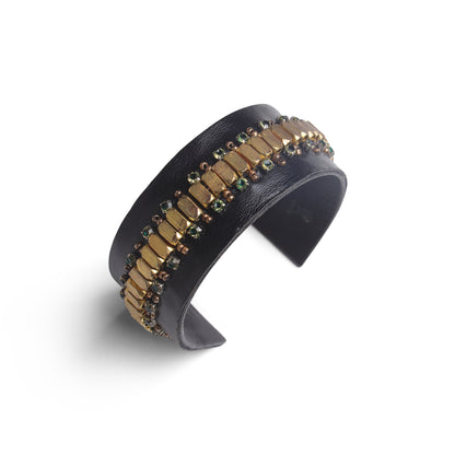 Handcrafted Black Cuff Bangle with Gold Beads & Green Stone Detailing