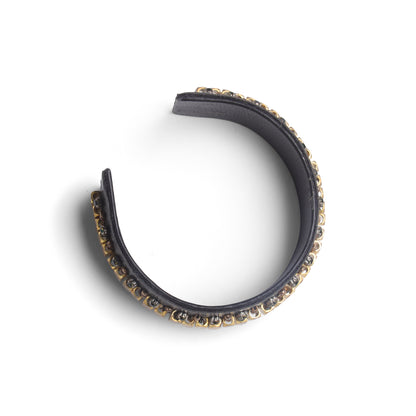 Handcrafted Black Cuff Bangle with Gold Beads & Green Stone Detailing