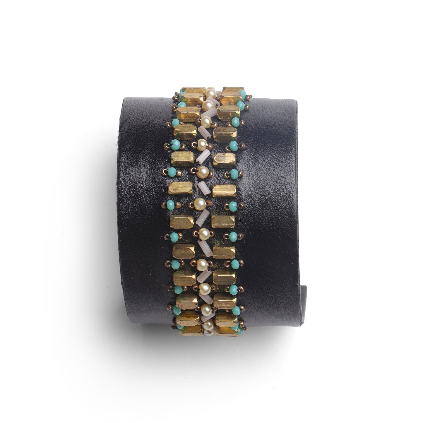 Handcrafted Black Cuff Bangle with Gold Beads
