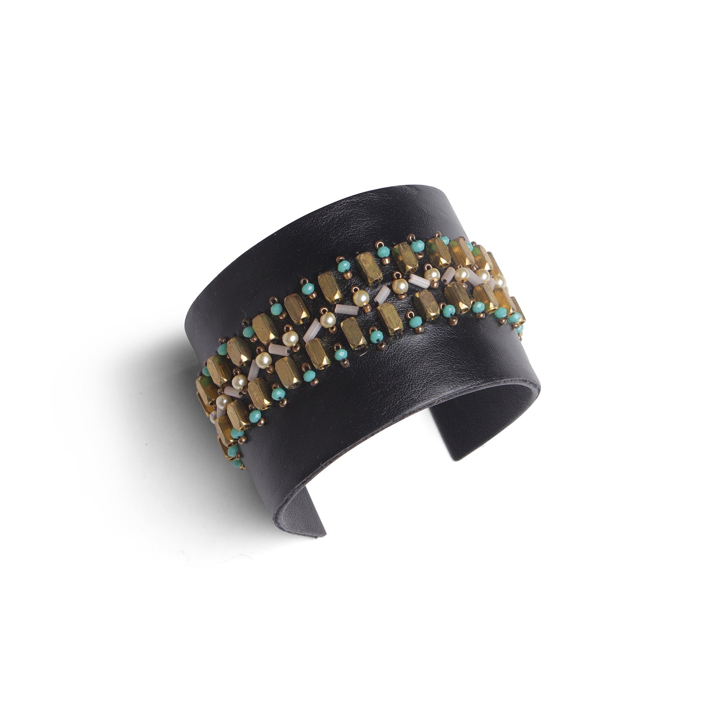 Handcrafted Black Cuff Bangle with Gold Beads