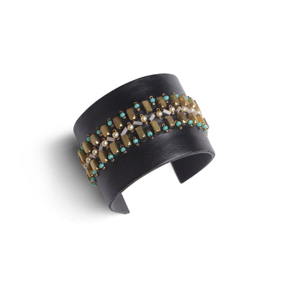Handcrafted Black Cuff Bangle with Gold Beads