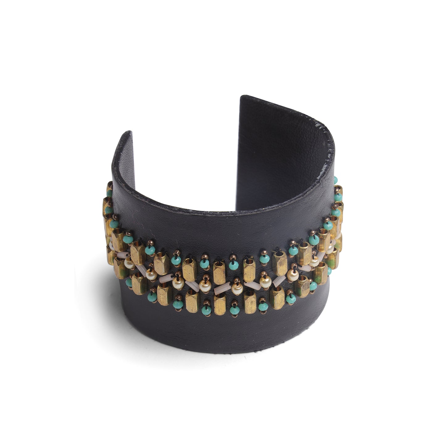 Handcrafted Black Cuff Bangle with Gold Beads
