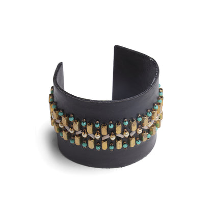 Handcrafted Black Cuff Bangle with Gold Beads