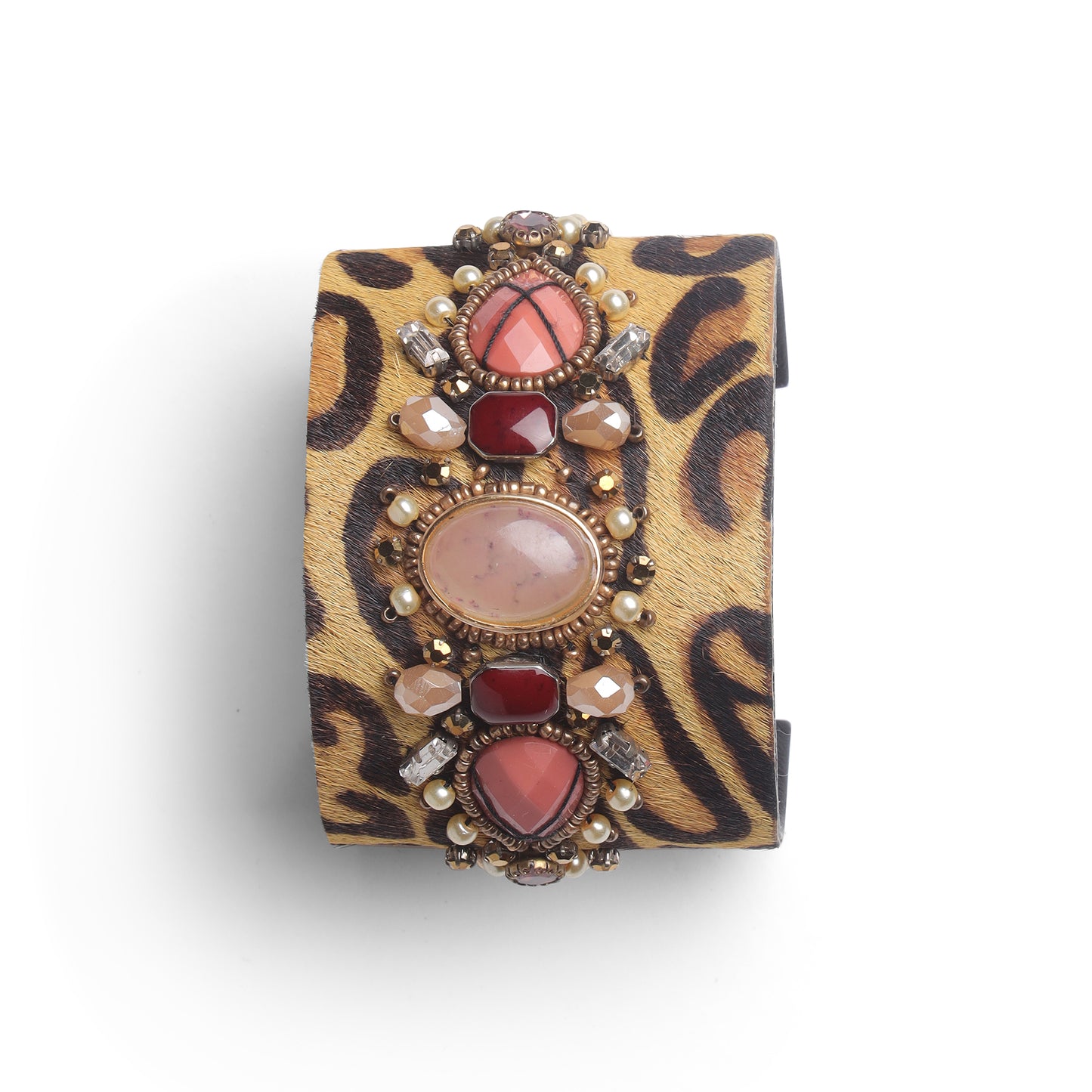 Handcrafted Leopard Print Cuff Bangle with Stone & Pearl Detailing