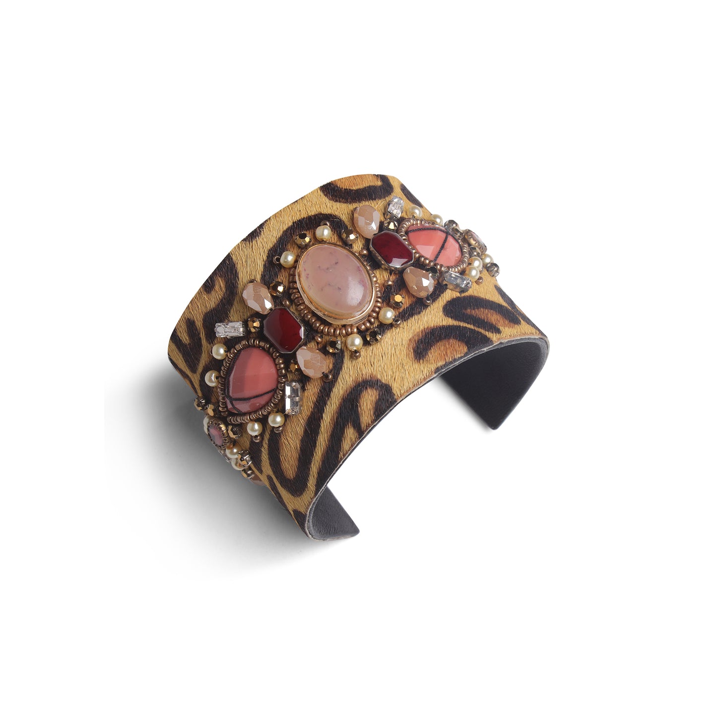 Handcrafted Leopard Print Cuff Bangle with Stone & Pearl Detailing