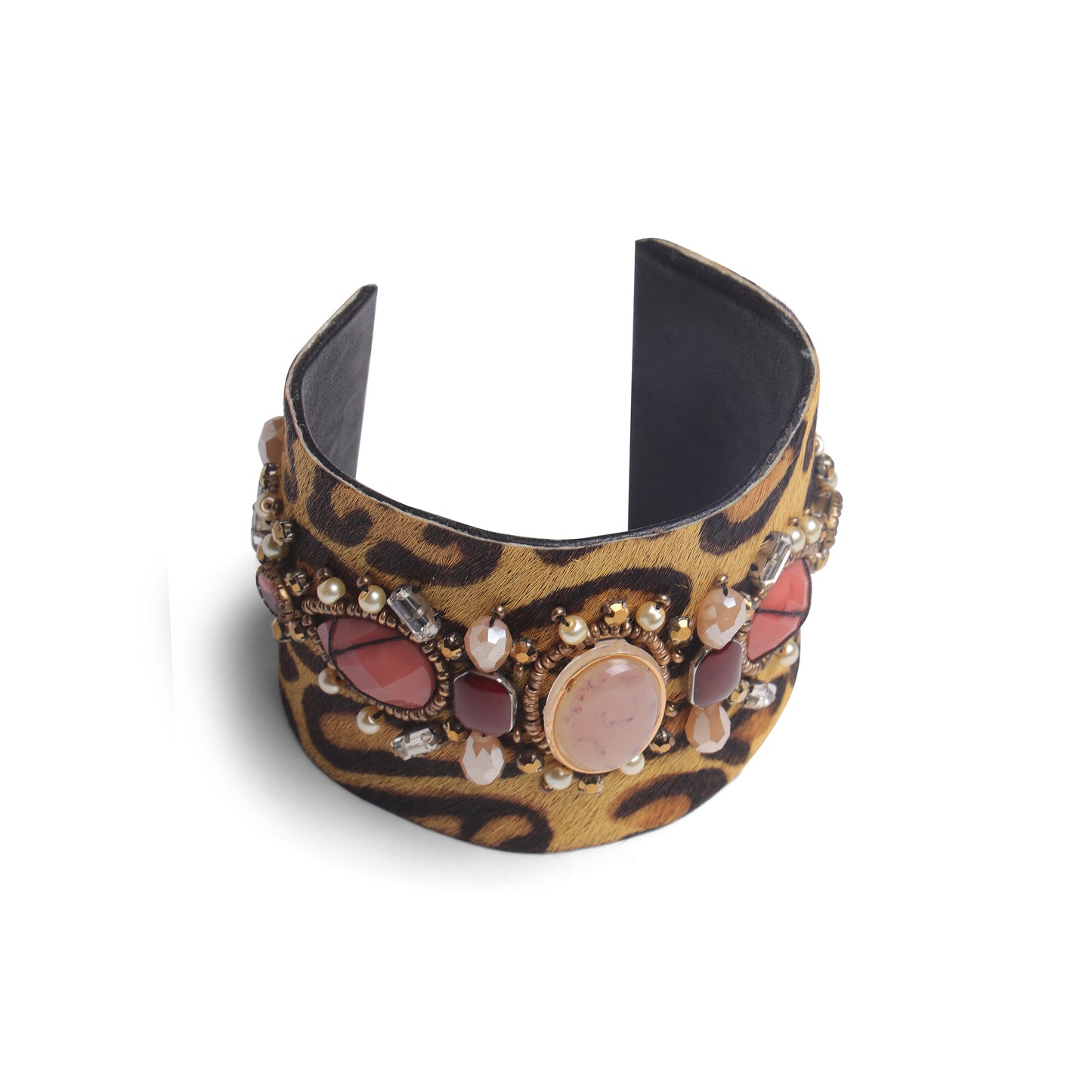 Handcrafted Leopard Print Cuff Bangle with Stone & Pearl Detailing