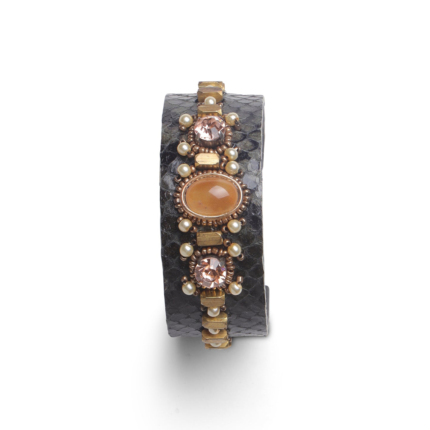 Black Cuff Bangle with Stone & Pearl Embellishments