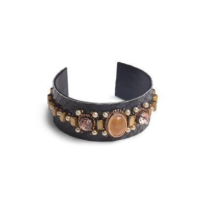 Black Cuff Bangle with Stone & Pearl Embellishments