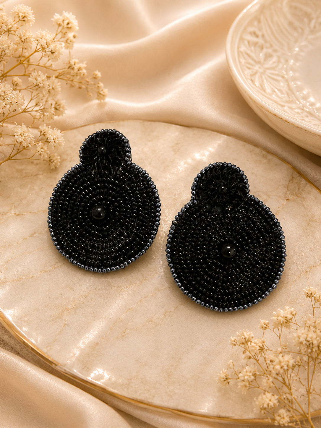 Midnight Black Handcrafted Beaded Statement Earrings