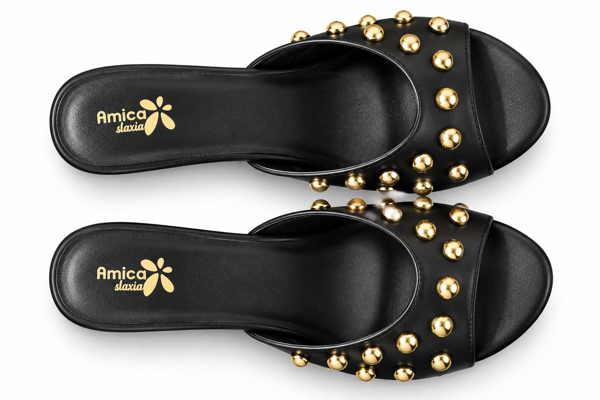 Women’s Black Block Heel Sandals with Golden Studs