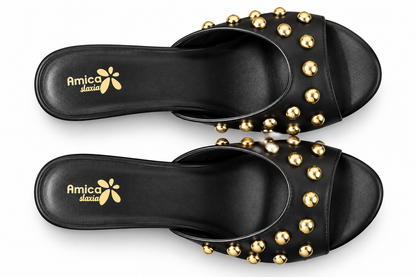 Women’s Black Block Heel Sandals with Golden Studs