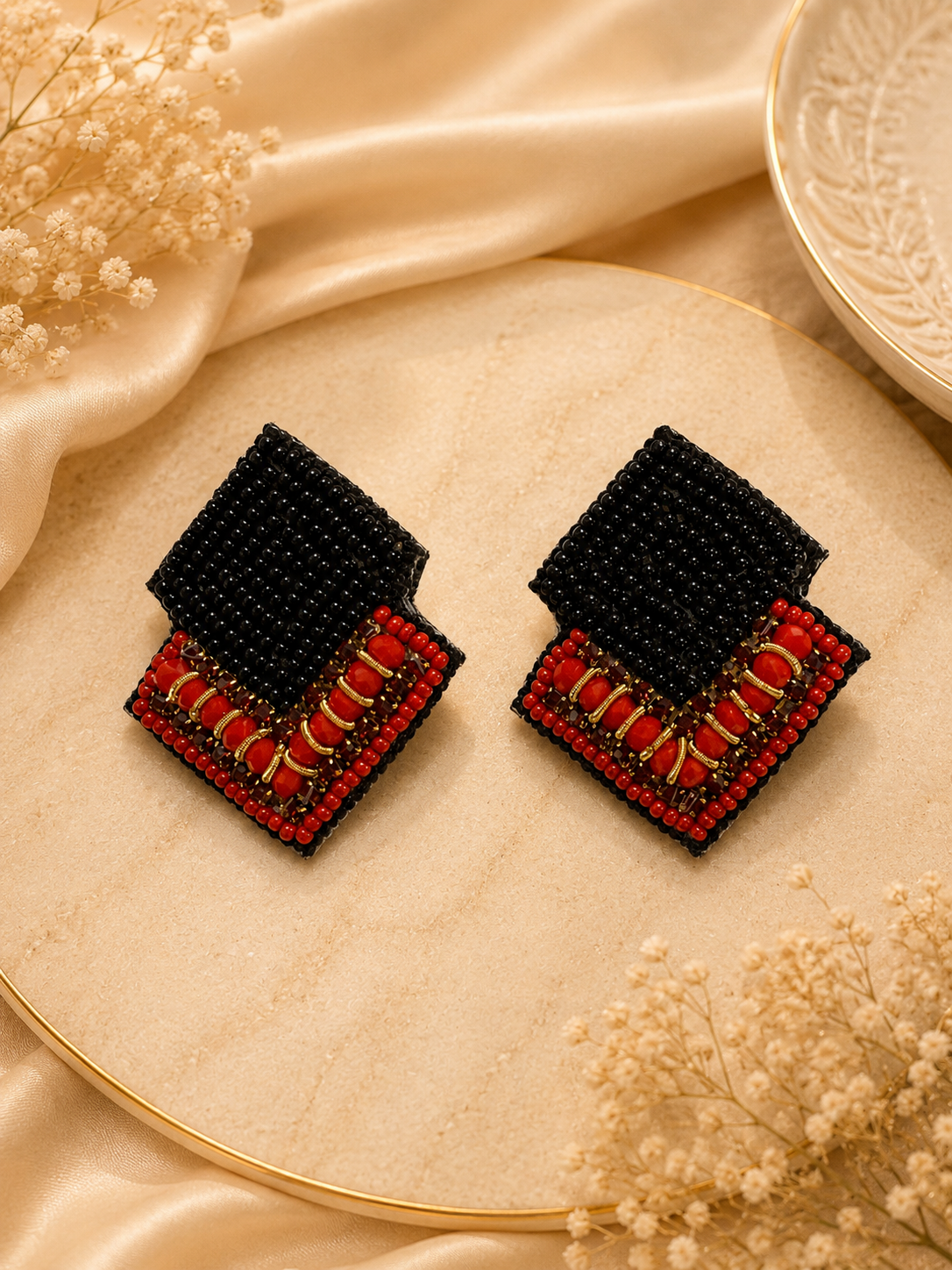 Amica Slexia Black & Red Geometric Beaded Earrings