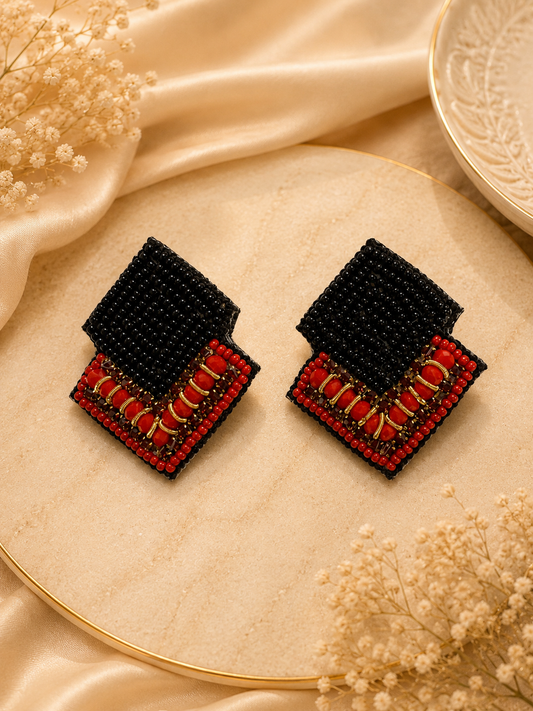 Amica Slexia Black & Red Geometric Beaded Earrings