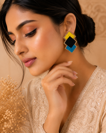 AmicaSlexia Geometric Beaded Statement Stud Earrings – Multicolor