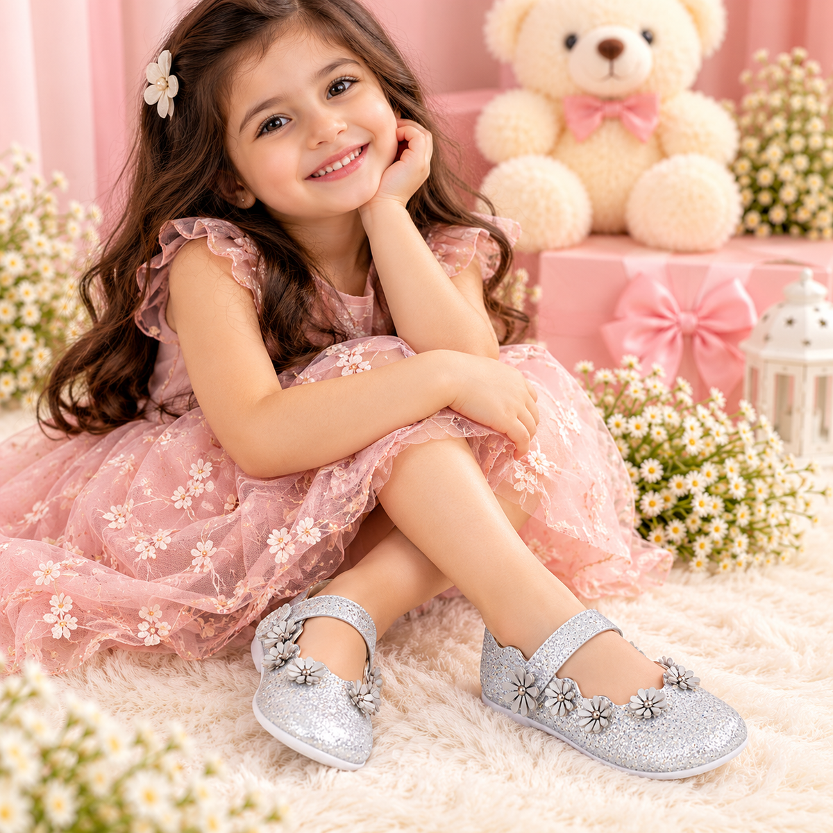 AmicaSlexia Girls White Glitter Floral Ballerina Flats