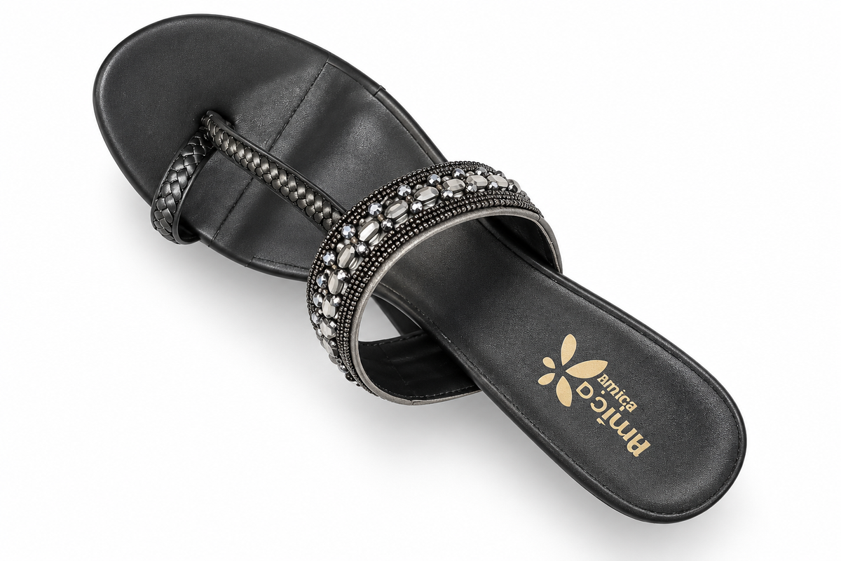 Women’s Black Heeled Sandals with Rhinestone Detailing