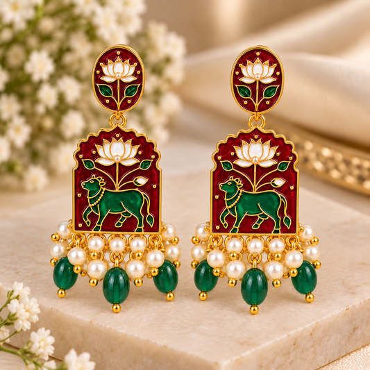 Amica Slexia Maroon & Green Lotus Elephant Statement Earrings for Women