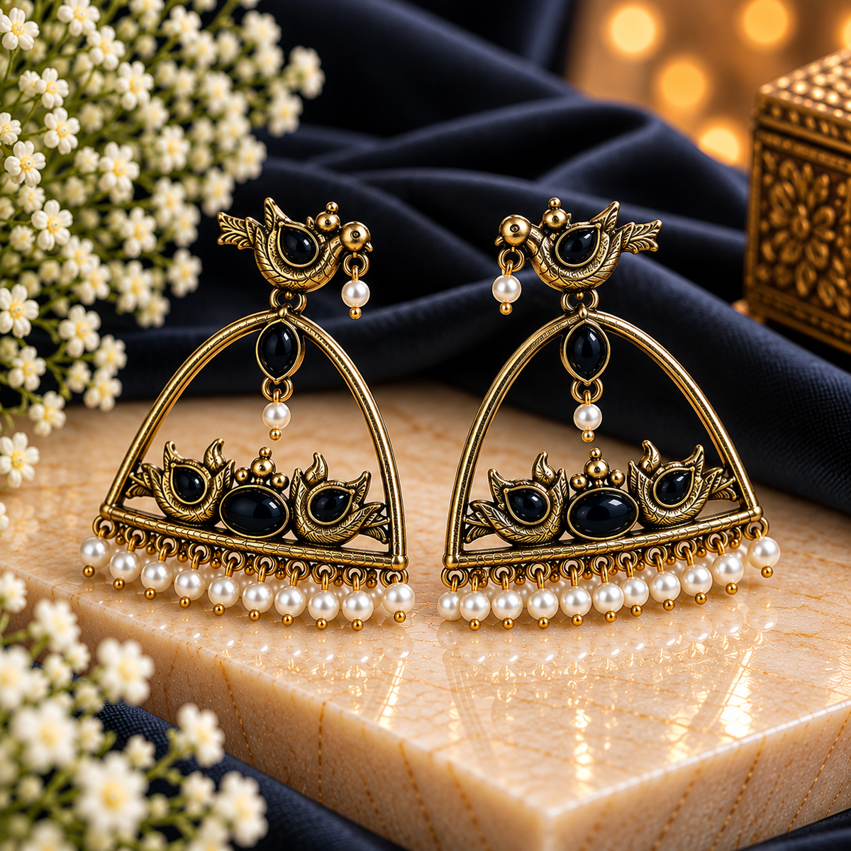 Black Bird Design Pearl Drop Statement Earrings for Women