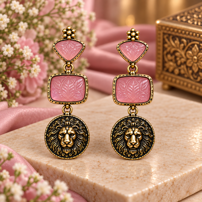 Pink & Black Lion Statement Drop Earrings for Women