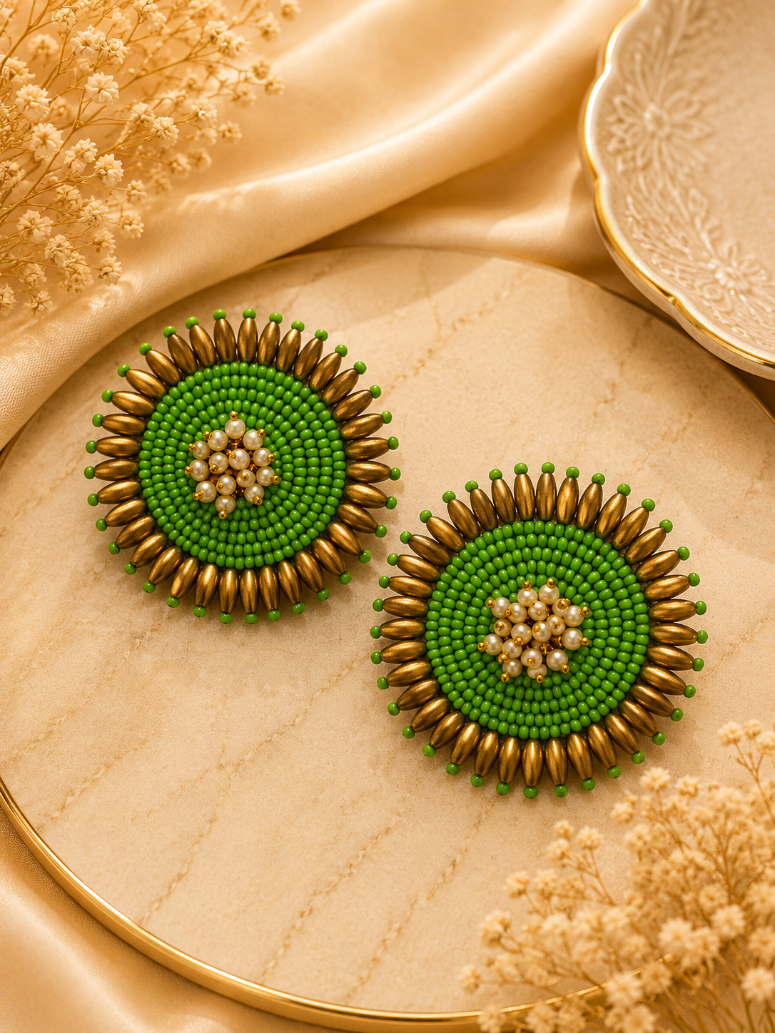 Green Sunburst Handcrafted Beaded Statement Earrings