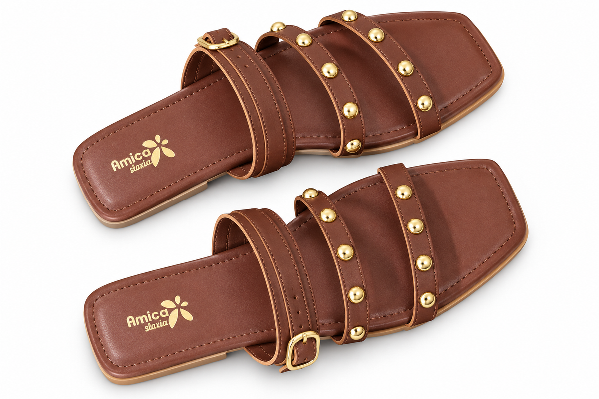 Women’s Brown Flat Sandals with Golden Studs & Buckle Strap