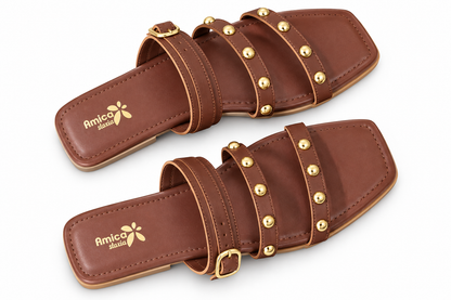 Women’s Brown Flat Sandals with Golden Studs & Buckle Strap