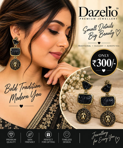 Black & Gold Lion Statement Drop Earrings for Women
