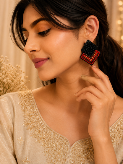 Amica Slexia Black & Red Geometric Beaded Earrings