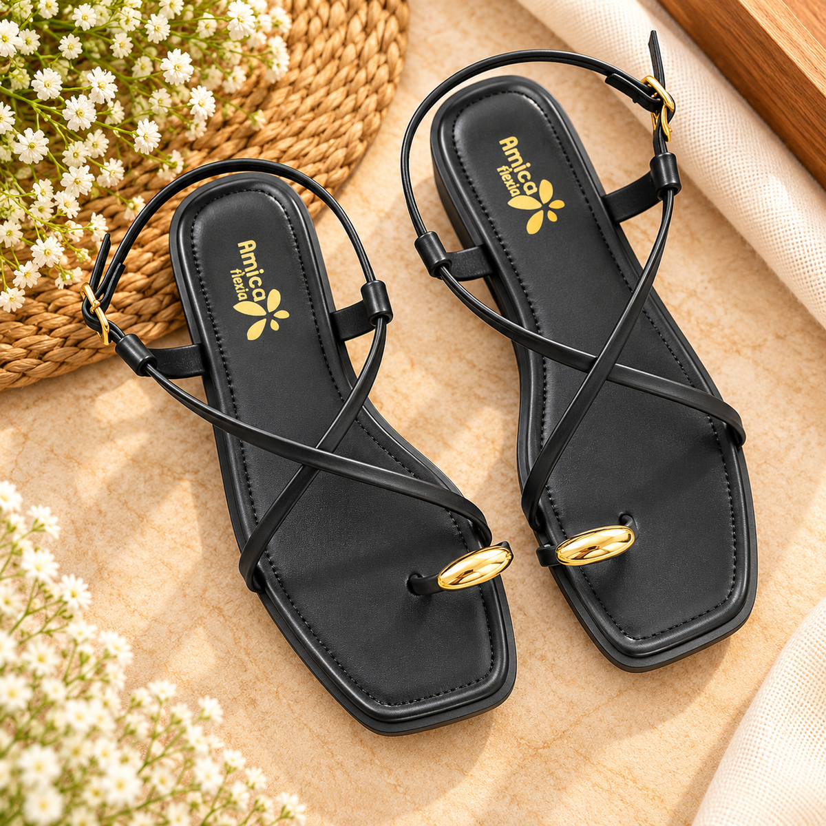 Women's Black Flat Sandals with Golden Toe Embellishment