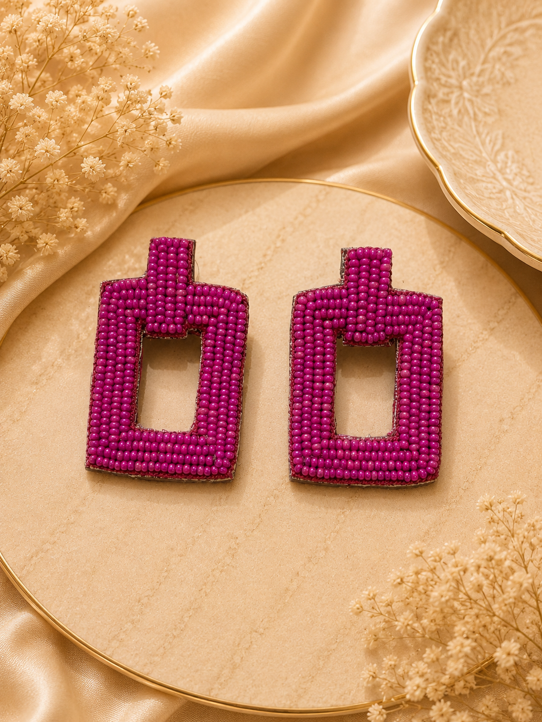 Amica Slexia Fuchsia Beaded Geometric Statement Earrings