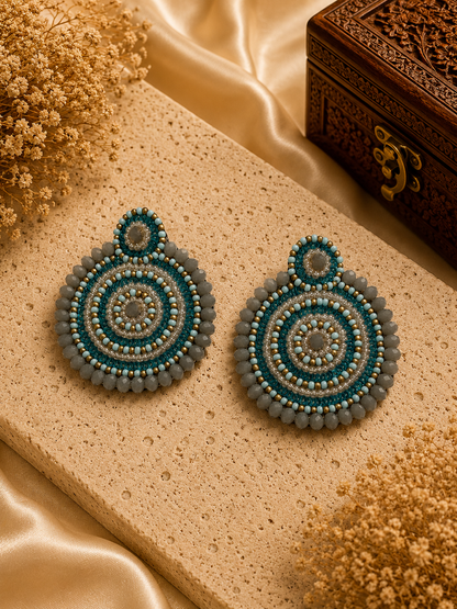 Amicaslexia Handmade Blue & Grey Beaded Statement Earrings