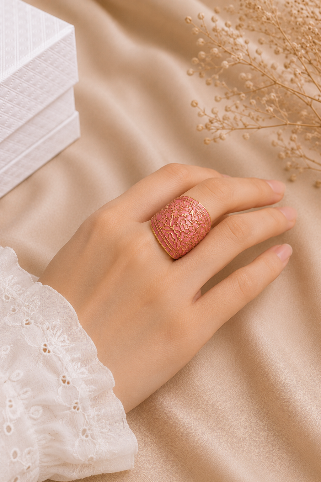Elegant Pink & Gold Floral Statement Ring for Women