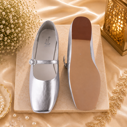 Women’s Silver Metallic Strap Ballerinas Flats