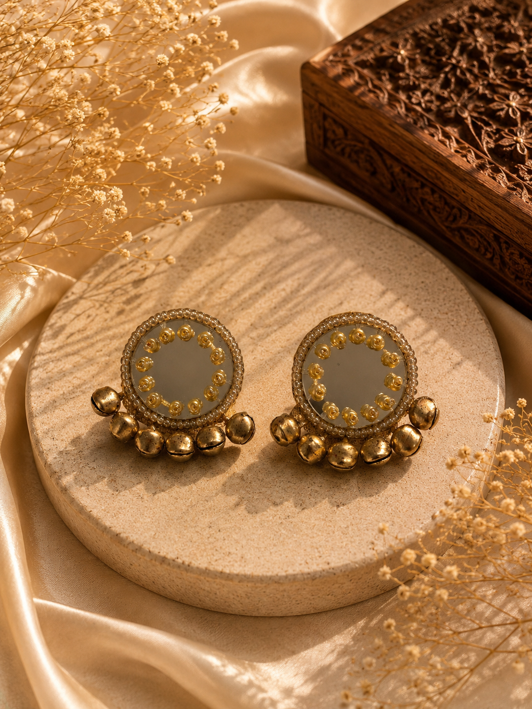 Pearl Mirror Ghungroo Statement Earrings