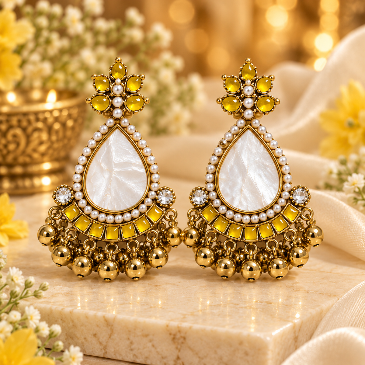 Yellow & White Pearl Statement Chandbali Earrings for Women