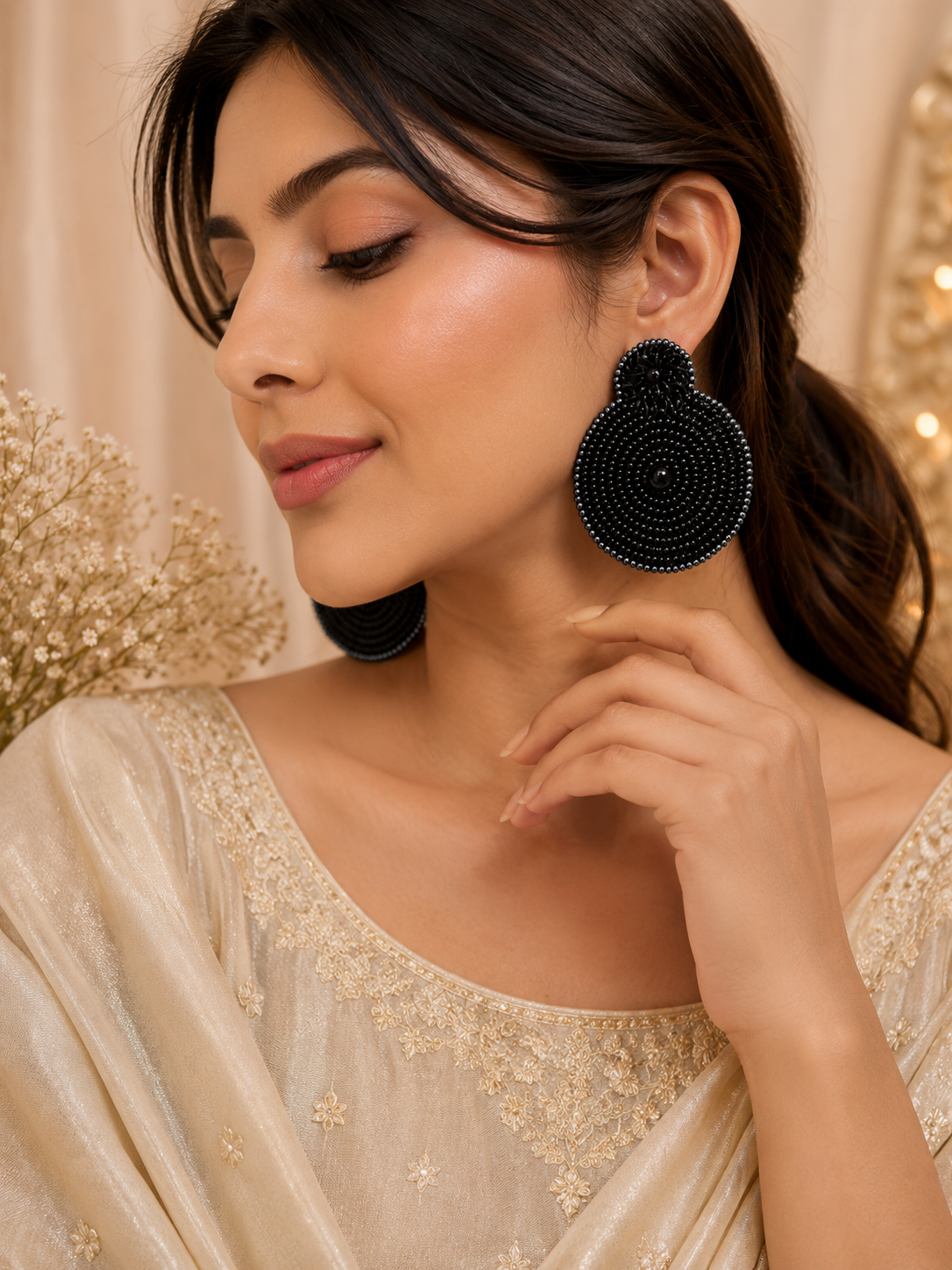 Midnight Black Handcrafted Beaded Statement Earrings