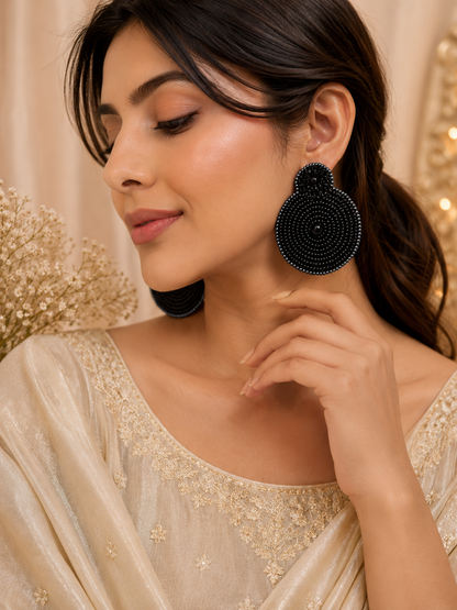 Midnight Black Handcrafted Beaded Statement Earrings