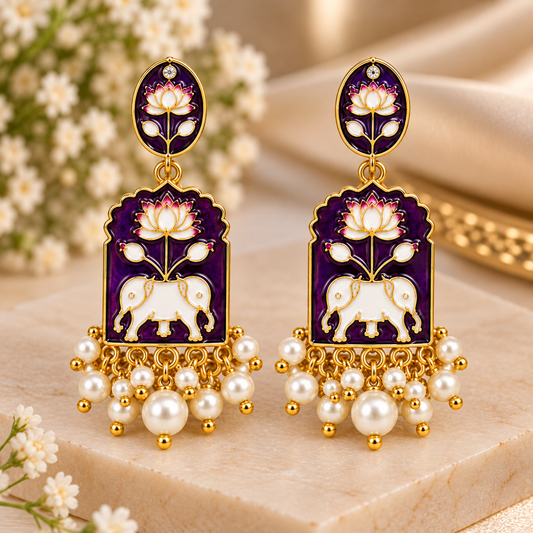 Purple & Gold Elephant Floral Statement Earrings for Women